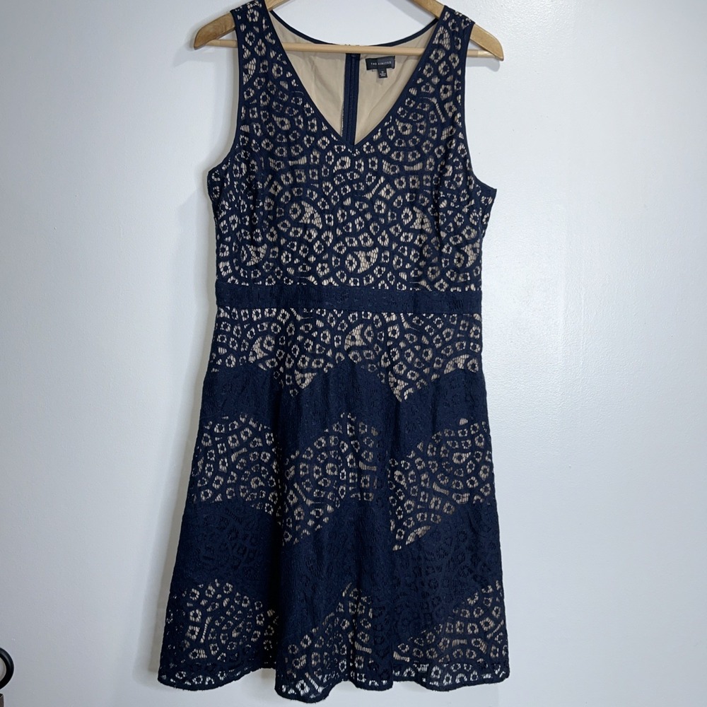 The Limited Navy Beige Lace Fit & Flare Dress Sleeveless V-Neck Size 12